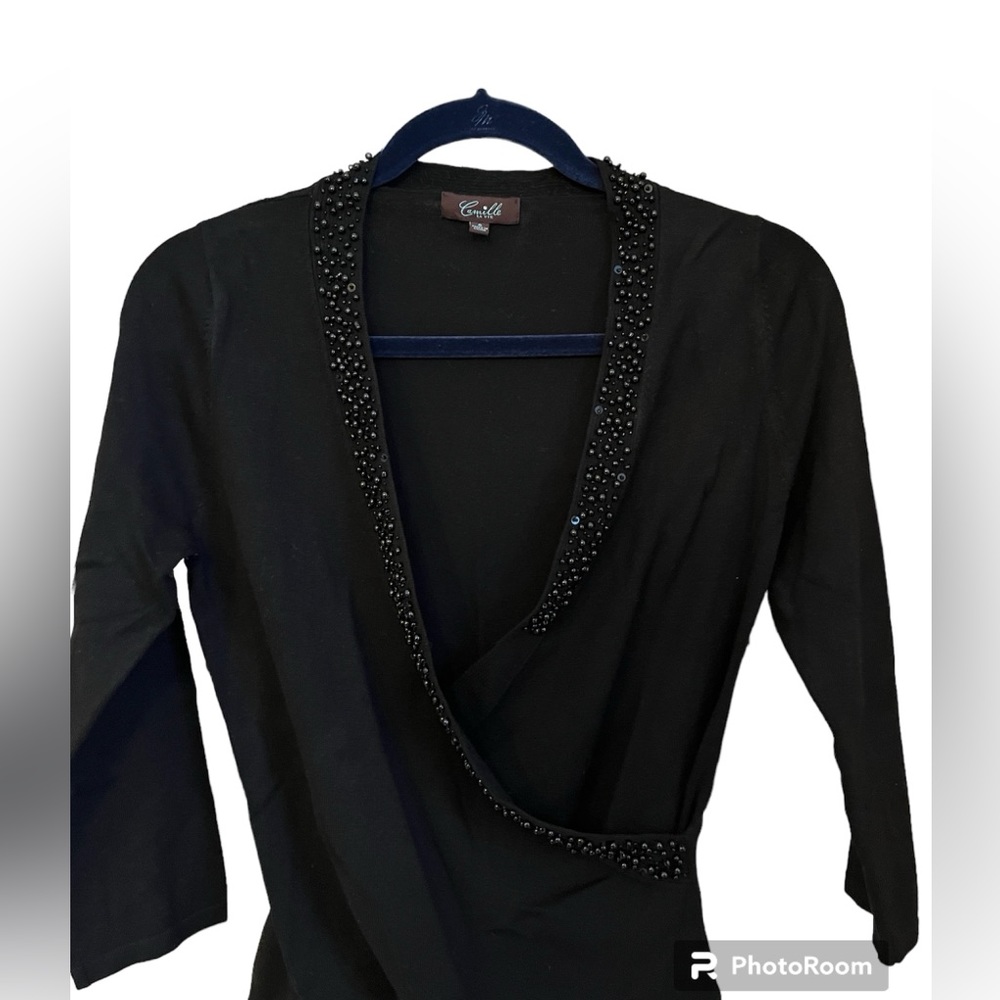 Beautiful black beaded wrap sweater- size small